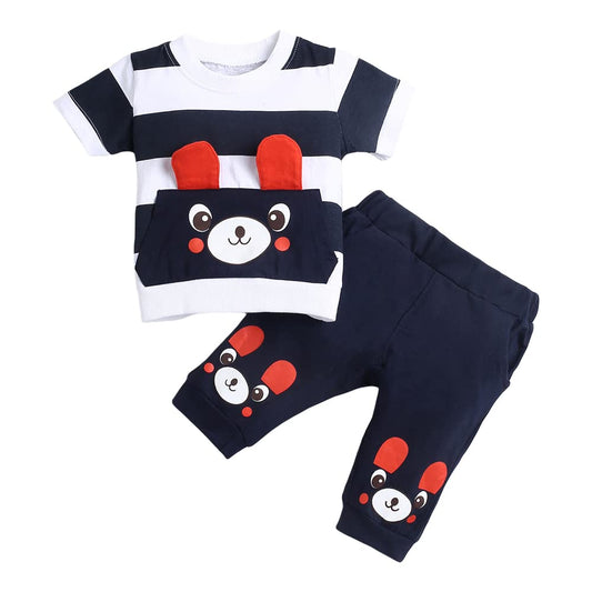HugglePatch Boy's Cotton Striped Bear Print Half Sleeve T-Shirt & Joggers Set